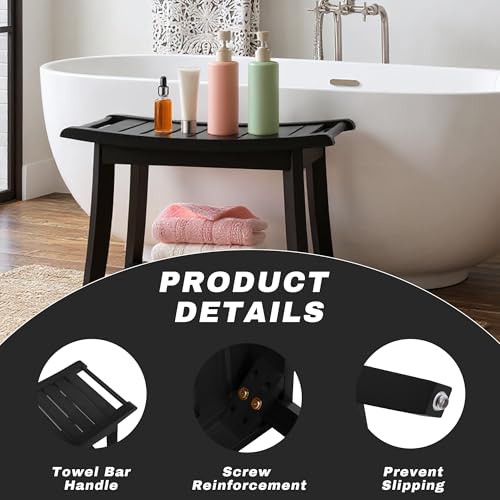 Image of Bamboo Shower Bench Stool,24 inch Shower Chair Seat Non-Slip,Waterproof Bathroom Bench with Storage Shelf for Adults,Elderly, Disabled Indoor&Outdoor Use (Black)