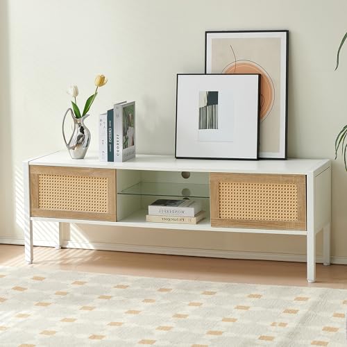 54 Rattan TV Stand with LED Light & Sliding Doors
