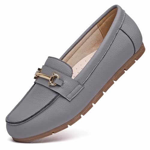 Image of Genuine Leather Loafers for Women Driving Moccasins Business Casual Work Shoes Comfortable & Lightweight Womens Dress Flats Slip On Shoes