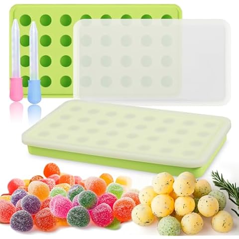 Gummy and Candy Molds for Herb-Infused Oil Cubes, 2Pcs 32 Cavity Silicone Gummy Trays with Dry-Erase Lid and Droppers, Non-Stick Chocolate Molds for Homemade Herbal Blocks, Ice Cubes, Jello, Caramels Cover