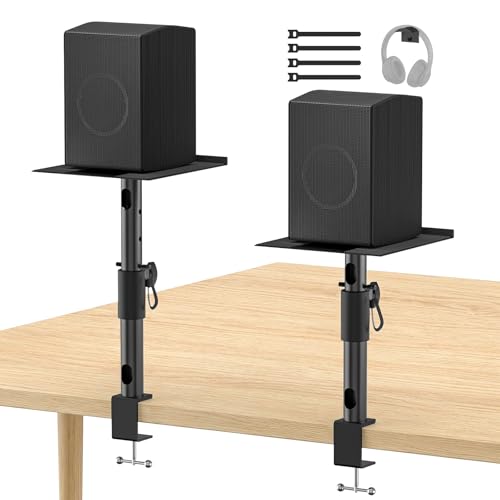 2 Pack Clamp-on Desk Speaker Stands, Height&Angle Adjustable Desktop Speaker Stands for Samsung Q990D/Q990F/Q990C/Q930C, Fit Edifier KRK Klipsch Polk Yamaha Built-in Cable Management with Headset Hook