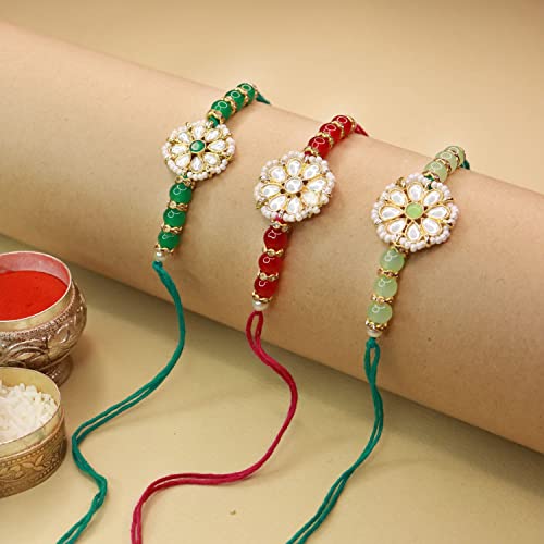 Image of I Jewels Mens Kundan & Pearl Combo Rakhi With Roli Chawal & Rakshabandhan Card For Brother /Bro /Bhai Set Of 3 Rakhi