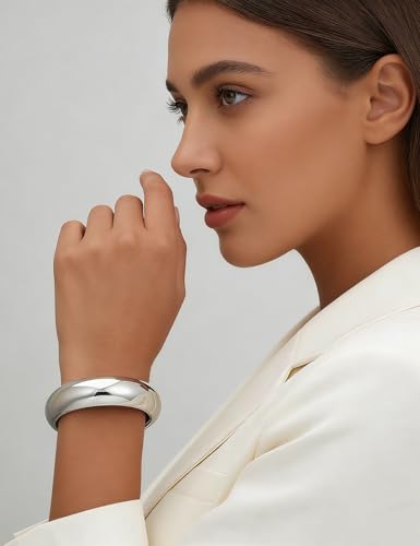 Image of Chunky Gold Bangle Bracelets for Women, Dainty 14k Gold Plated Big Stackable Bangles Set, Trendy Statement Cuff Bracelet Stack Fashion Jewelry Gifts