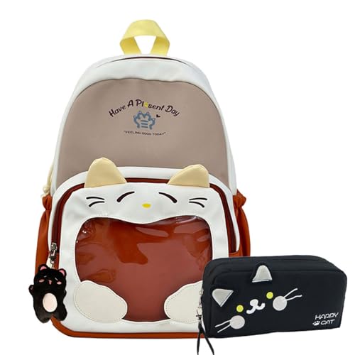 Kawaii Color Blocking Backpack with Case and Charm for Women Cute Large Capacity Korean Travel Bag Y2K Ita Bag Daypack (Khaki)