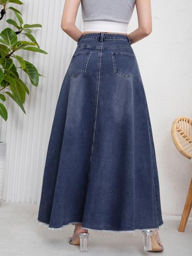 ebossy Women's Retro Distressed High Waist Frayed Hem A Line Wash Maxi Long Denim Skirt with Pockets3