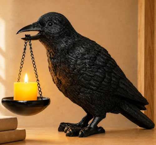 Gothic Crow Lamp with Tealight Candle Holder Raven Statue Halloween Decor Black Bird Decorations Indoor Gothic Home Decor for Living Room Tabletop Shelf Bedroom Unique Goth Witchy Gifts