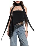 Floerns Women's Strapless Tube Tops Lace Asymmetrical Hem Going Out Tops with Scarf Black Large