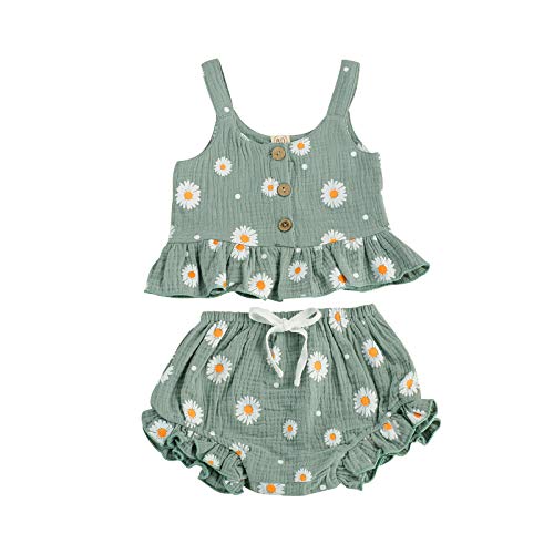 Loalirando Bebé Niña Conjunto Verano de Dos Piezas Traje de Ropa Floral para Niña Pequeña Juego Camiseta sin Manga Chaleco de Volantes + Pantalones Cortos Braguitas para Chica (Verde, 2-3 años)