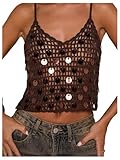 MakeMeChic Women's Crochet Sequin Top Summer Beach Cover Ups Camisole Coffee Brown Small