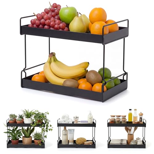 Libken 2-Tier Fruit Basket for Kitchen Counter &ndash; Black Powder Coated Metal Fruit Stand...