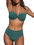 CUPSHE Damen Bikini Set Wellenkante High Waist Bikini Bademode Schleife Texturierter Zweiteiliger Badeanzug Swimsuit Grün S