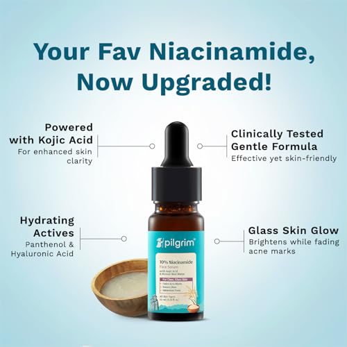 Image of Pilgrim 10% Niacinamide Face Serum for Acne Marks with Korean Rice Water - 10 ml | Fades Dark Spots, Controls Oil, Minimizes Pores, Strengthens Skin Barrier | Quick Absorbing | For All Skin Type