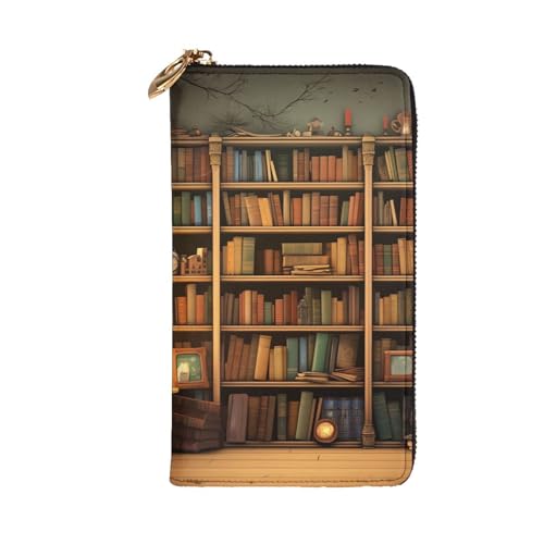 Womens Wallet Leather Slim Wallet Long Card Holder Case Zip Clutch Retro Bookshelf Travel Purse3