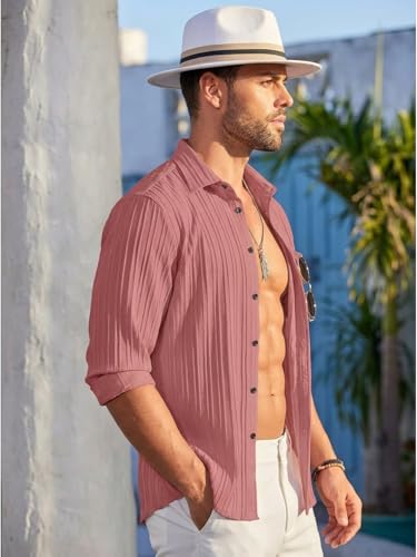 Image of DEELMO Combo of Men's Casual Button Down Shirts Long Sleeve Linen Shirt Fashion Textured Summer Shirts Pack of 2