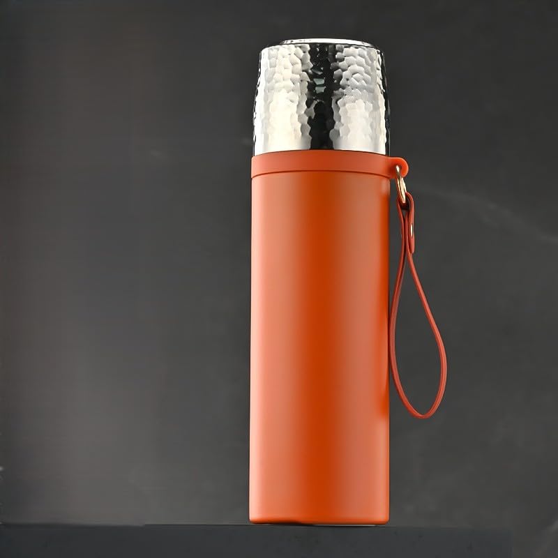 Longiang Botella de acero inoxidable de 500 ml, termo con vaso y colador de té, a prueba de fugas, aislamiento al vacío de doble pared, sin BPA, termo para bebidas calientes y frías (naranja)