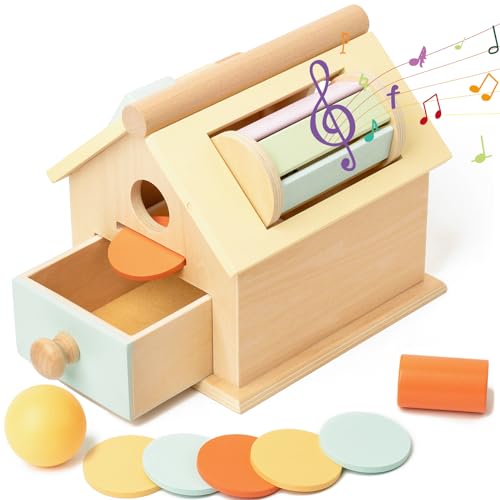 Image of Montessori Toys for Babies 6-12 Months, Wooden Baby Toys, 5 in 1 Wooden Toys for Babies with Object Permanence Box, Ball Coin Drop Toy House, Rainbow Spinning Drum&Shape Sorter for 1 Year Toddlers
