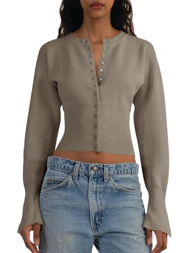 Image of Saodimallsu Womens Cropped Sweaters Cardigan | Button Down,Long Sleeve,V Neck,Ribbed Knit,Slim Fit ,Pullover Crop Tops