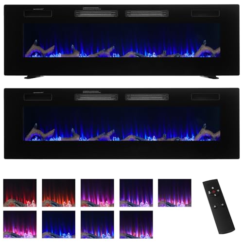 BSTSEL 50"/60" Electric Fireplace, 750W- 1500W Heater, Freestanding, Wall Mounted, Recessed, Fire Places, 12 Colours Flame Effect with Logs, Over Heat Protection (Black, 50 inch)