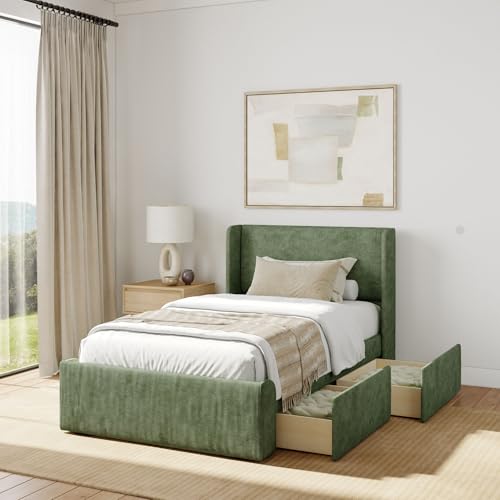 Plank+Beam Upholstered Twin Bed Frame with Rectangular Headboard and Two Storage Drawers, Upholstered Platform Bed, No Box Spring Needed, Easy Assembly, Green by Plank+Beam - Used condition - US$386.27