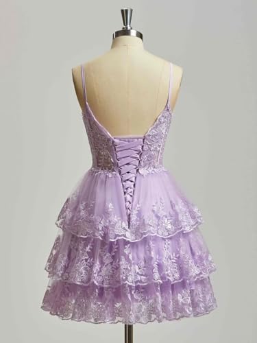 Women's Sparkly Tulle Tiered Homecoming Dresses 2025 Spaghetti Straps Corset Short Lace Cocktail Gowns3