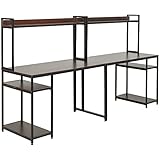 HOMCOM 94.5in Industrial Double Computer Desk with Hutch and Storage Shelves, Extra Long Two Person Home Office Desk, Writing Table Workstation for 2 People with CPU Stand, Brown Wood Grain