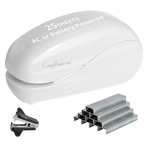 Craftinova Electric Stapler,Including 2000 Staples and 1 adapters,Suitable for Palm Size and high Comfort，25 Sheet Capacity, AC Adapter or Battery Powered，Battery not Included，(White)