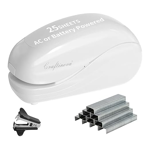 Craftinova Electric Stapler,Including 2000 Staples and 1 adapters,Suitable for Palm Size and high Comfort，25 Sheet Capacity, AC Adapter or Battery Powered，Battery not Included，(White)
