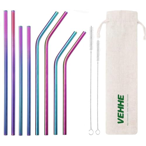 VEHHE Reusable Straws 8 Set Multi Color Stainless Steel Straws - Cleaning Brush for 20 Oz (Rainbow 8.5 inch + 10.5 inch)