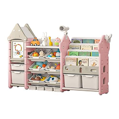 UNICOO - Kids Toy Storage Organizer and Children Bookshelf, with 14 Bins, Pull-Out Drawers Multipurpose Shelf for Toddlers to Organize Toys and Books (Magic Castle – Pink) Cover