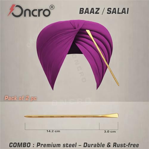 Image of Flat top Steel Gold color 2pc medium size Metal Sikh baaj baaz salai Hair Pin Needle stick silai for Religious Sardar ji Dastar Parna Turban Pagri Pag Patka 5ks Men Boys Girls alloy salaee