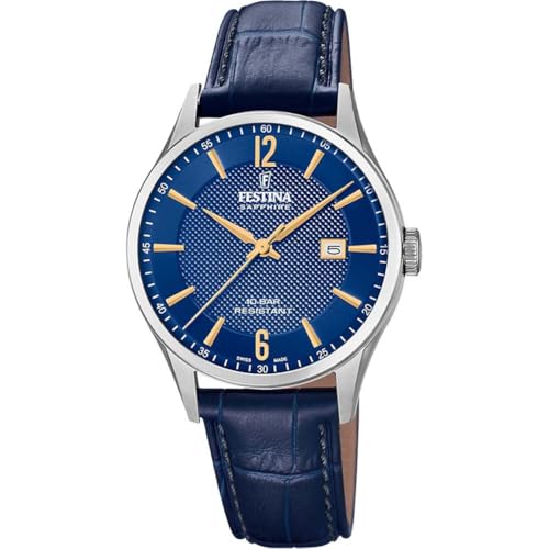 Festina Swiss Made Montre Homme Analogique Cuir Bleu - Quartz Date - Verre Saphir Résistant - Étanche 10 ATM Élégante - F20007/3 Classic Leather