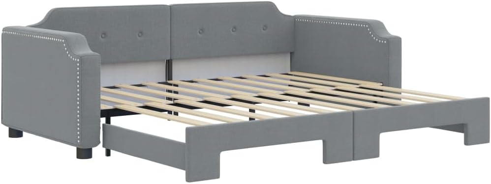 Daybed with Trundle Light Grey Fabric Polyester Platform Bed Frame Sturdy Slatted Foundation for Bedroom Modern Minimalist Furniture Easy Assembly No Box Spring Needed