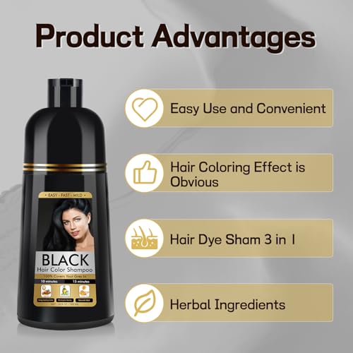 Schwarzes Haarfärbeshampoo für Graues Haar, Sofort Haarfarben Shampoo für Männer und Frauen, Black Hair Dye Shampoo 3 in 1, 500ml