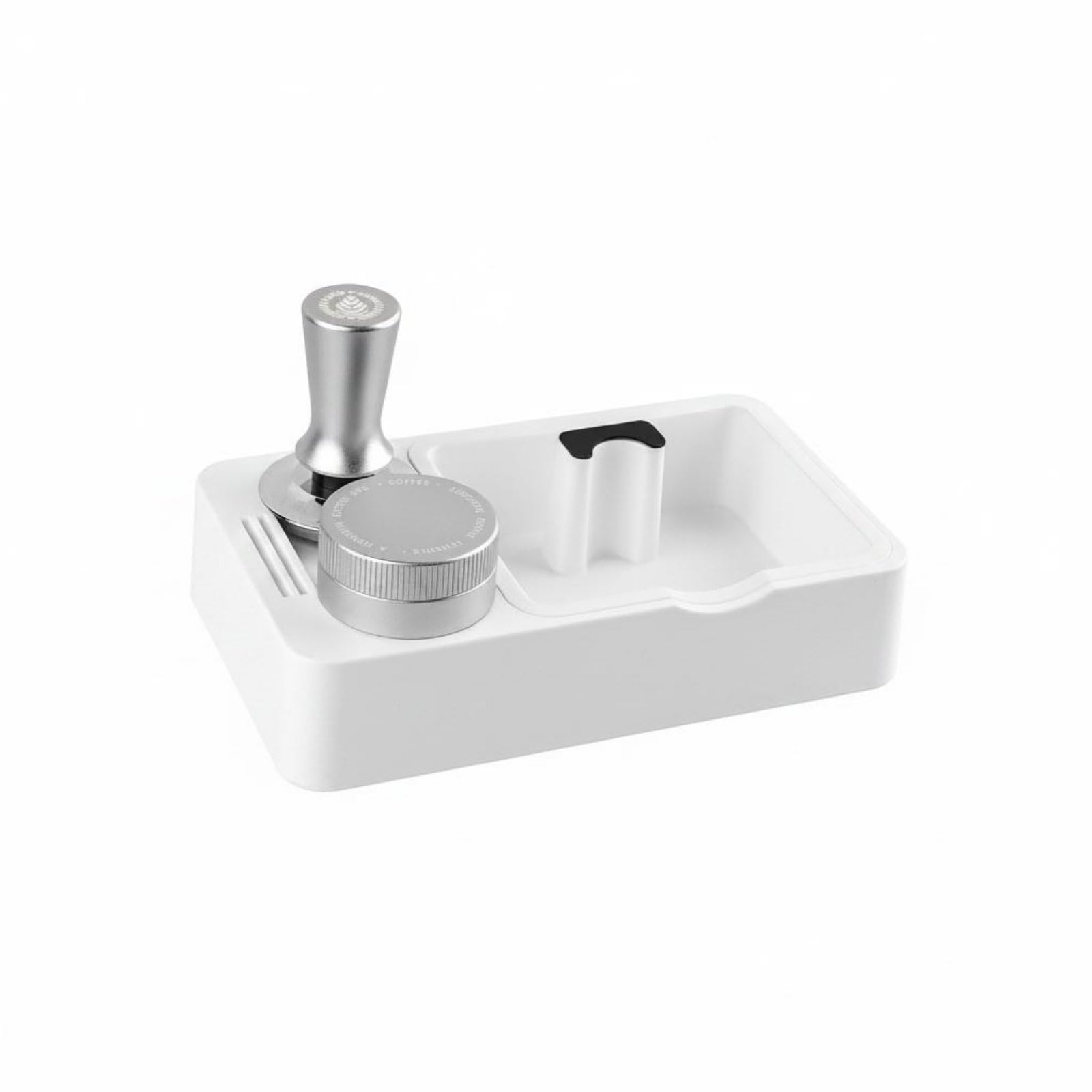 Multi-Function Espresso Tamping Station Built-in Storage Coffee Knock Box Space-Saving Portafilter Holder Base Easy to Clean for Home Baristas, Countertop, White, 58MM 3-piece Set-image-26