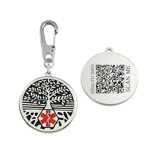 Zirconic Red Medical Alert Keychain with Tree of Life – Waterproof Stainless Steel Emergency ID Tag, Updatable QR Health Info, Custom Engraved ICE Contact Key Ring for Men Women(QR)