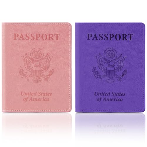 Passport Holder for Travel, 2 PCS Passport Holder, Travel Passport Holders Must Haves for Women Men, Pink and Purple Passport Cover Passport Wallet Case Holders for Travel Cruise Ship Essentials Gifts
