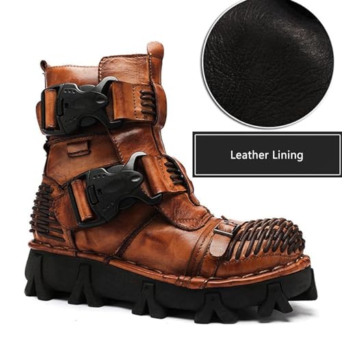 Fashion Men Leather Motorcycle Boots, Winter Street Riding Punk Ankle Boots, Buckle Mid-Calf Work Shoes2