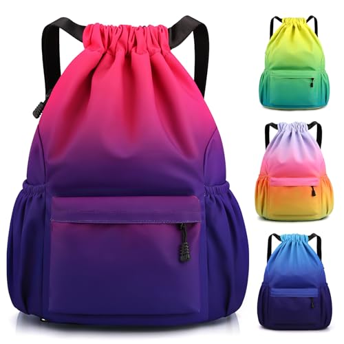 Sarsumir Mochila Cuerdas para Mujer Hombre, Impermeable Bolsa de Cuerdas Gran Capacidad Mochila Deportiva para Compras Yoga Deporte Viajes, Rosado Morado