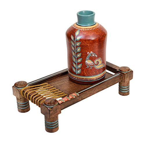 Image of Aakriti Art Creations Rustic Red Madhubani Vase with Ethnic Charpai Stand Handmade Terracotta Flower Vase with Wooden Chowki Base, Floral Design, Brown & Red Matte Finish for Living Room Decor