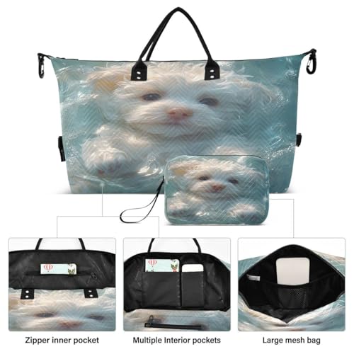 White Dog Puppy Animal Travel Duffle Bag Gym Bag Weekender Bags with Toiletry Bag Travel Trip Tote Bag2
