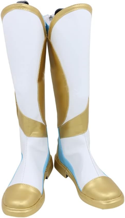 White Knee-High Cosplay Boots with Gold Accents & Light Blue Trim Faux Leather Role Play Shoes for Comic Con & Halloween