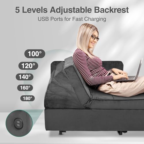 Sleeper Sofa Bed, Convertible 4-in-1 Pull Out Couch with 5 Adjustable Backrest, Modern Velvet Sofa with USB Ports & Storage Pocket (Includes Pillow) for Living Room, Bedroom,Apartment, Dark Grey