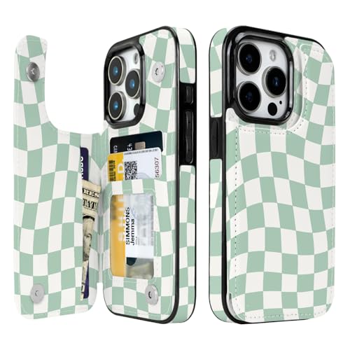 Obbii Compatible with iPhone 15 Pro Wallet Case with Card Holder Green Checkerboard Flip Folio PU Leather Kickstand Card Slots Case for Women Girls