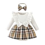 Magic Park 0-24M Baby Toddler Girls Ruffle Long Sleeve Bodysuit Ribbed Plaid Romper Dress Fall Winter Outfit With Headband（White, 6-12 Months