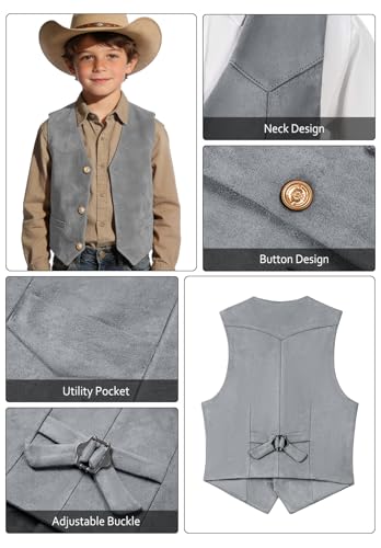 Image of Retro Boys Western Cowboy Vest for Kids Leather Suede Waistcoat | vintage dress vests, welt pockets, v-neck, adjustable waist, formal slim fit, wedding outfit, farm christmas birthday prom