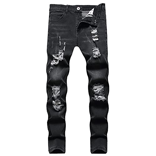 Siyova Hombre Jeans Casuales Pantalones Largos de Color Sólido con Agujeros Rotos Vaqueros Informales de Otoño Pants Elegante y Transpirable para Hombre (Negro, M) Cover