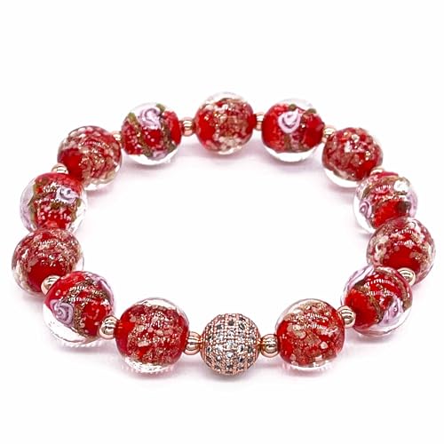 ARTSY Crafts Glow in The Dark Firefly Beads Bracelets, Ocean Blue Luminous Murano Glass Beads Jewelry Mermaid Crystals Healing Inspirational Bracelet Bangle (Red, Wrist 6-7 in)