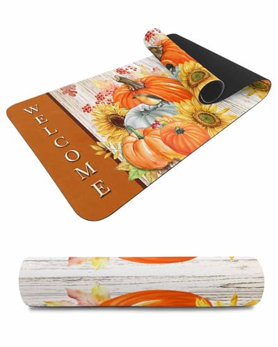 Debedcor Heat Proof Table Pads Waterproof Decorative, Autumn Sunflower Non-Slip Table Countertop Protector, Fall Pumpkins Floral Bird Wooden Insulation Mat for Kitchen Room, 40 x 12 Inches