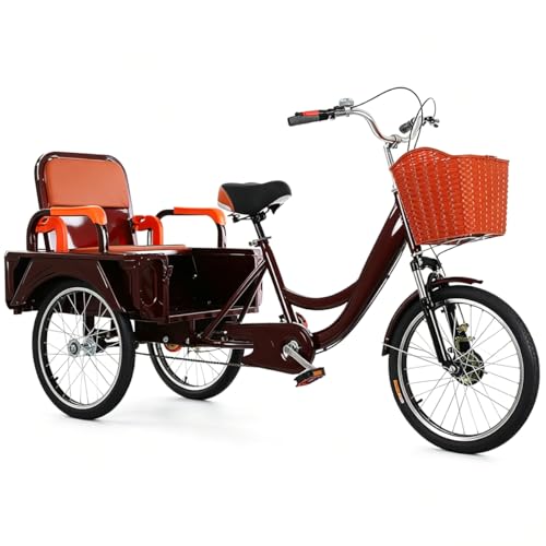 Triciclo tándem para adultos de 20 pulgadas,frenos dobles, asiento trasero plegable para almacenamiento de carga, capacidad de carga 200 kg, bicicleta cruiser para 2 personas, bicicleta de 3 ruedas
