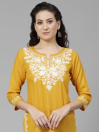 Image of QAZMI Aari Embroidered Rayon Cotton Short Kurti
